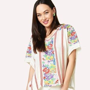 J Marie Embroidered Blythe Top White Bright Red Rayon Oaxacan Womens XS